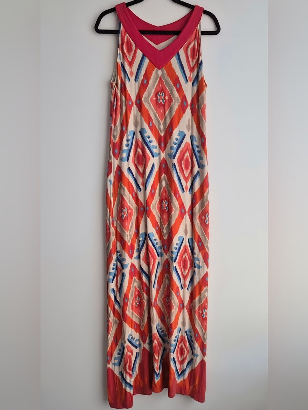Chico's Coral, Blue & Cream Geometric Maxi Dress